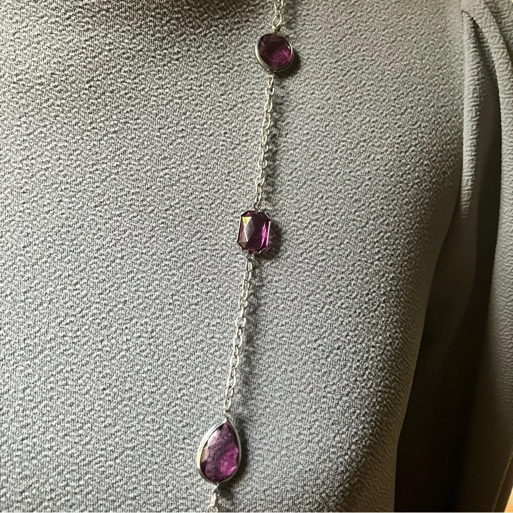 Long purple gemstone and silver chain necklace